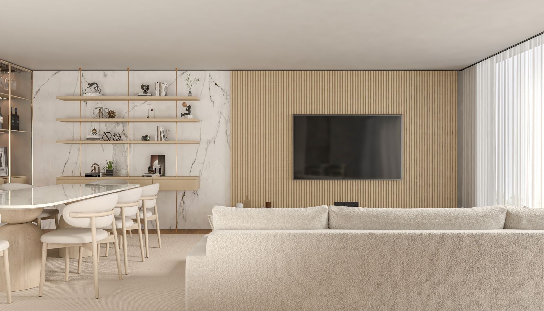 Minimalist living room with wall-mounted TV, shelving, and neutral furnishings