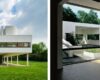 White modernist house with open-plan interior and geometric forms