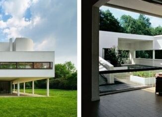 White modernist house with open-plan interior and geometric forms